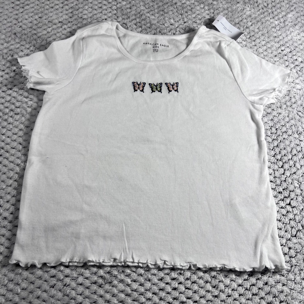 American Eagle Outfitters Kids White Ribbed Lettuce Hem Butterfly T-Shirt‎ 14